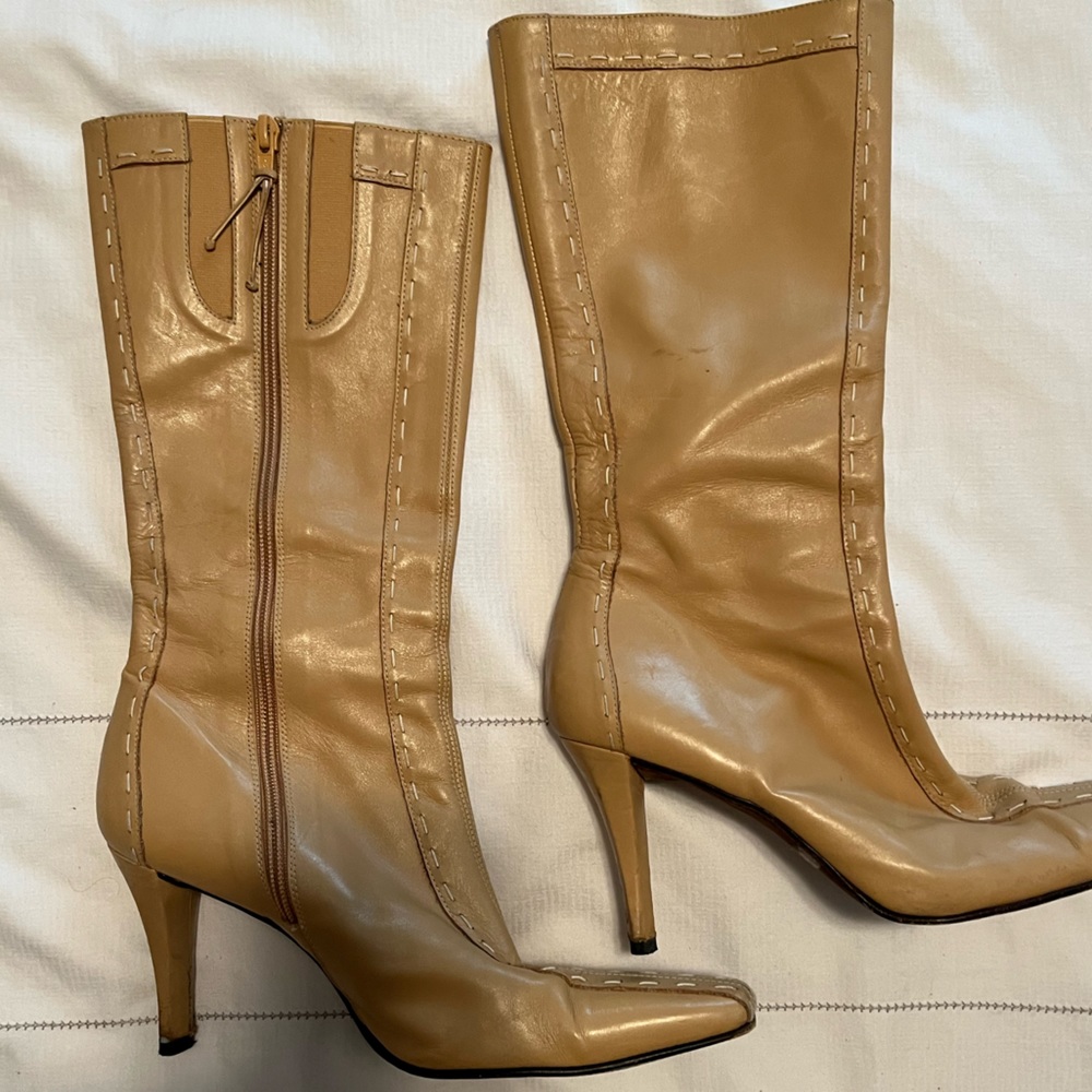Donald Pliner caramel, side stitched buttery leather boots
